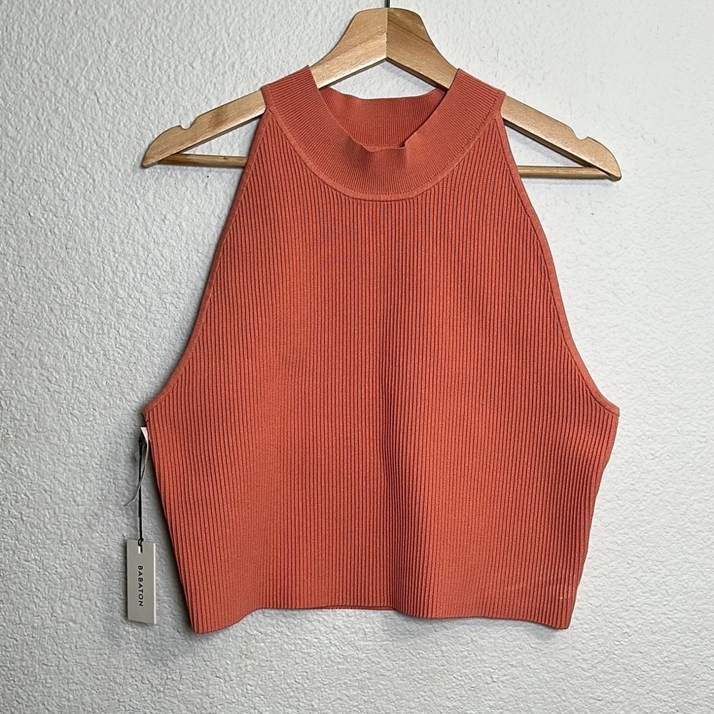 Aritzia Babaton Sculpt Knit Mockneck Halter Crop Top 2XL Coral Grapefruit NWT